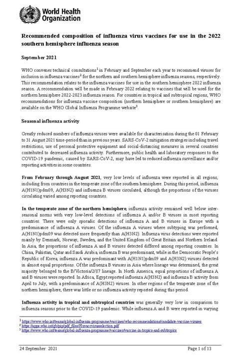 Recommended composition of influenza virus vaccines for use in the 2022 southern hemisphere influenza season